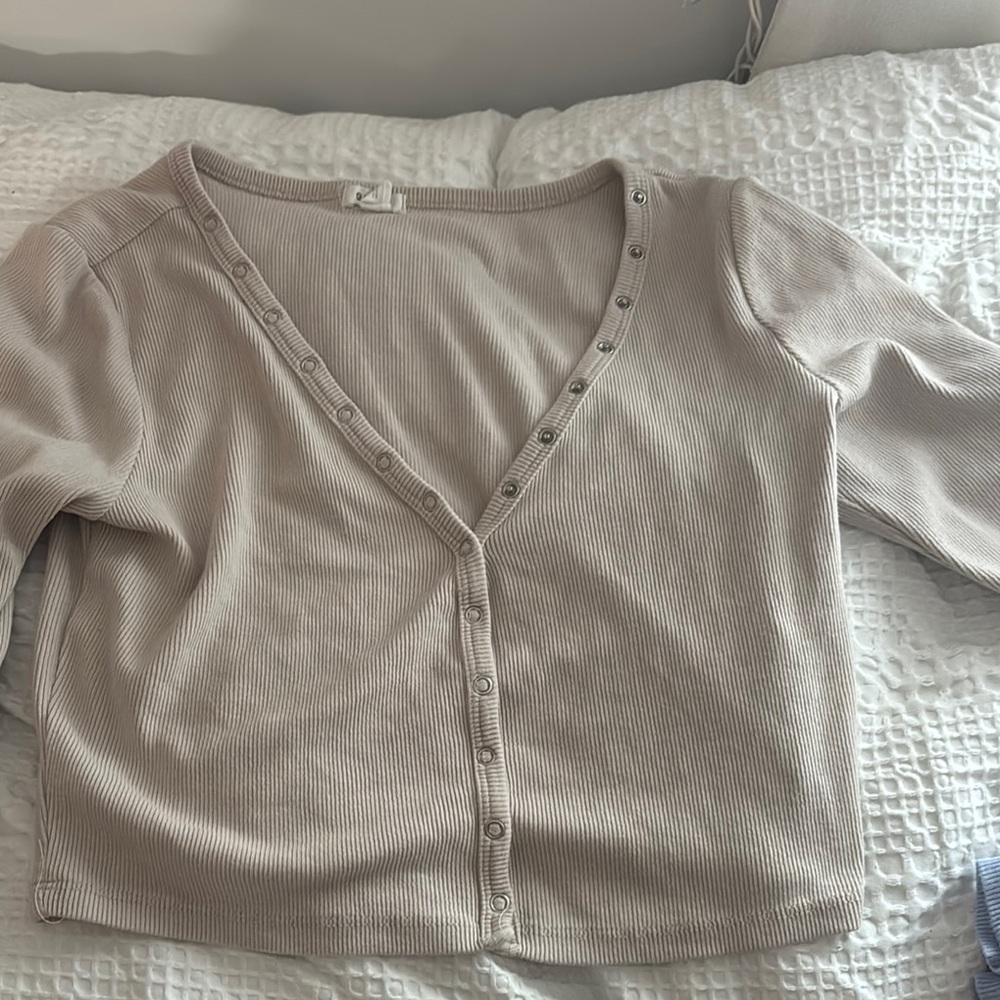 Beige Ribbed Button-Up Cardigan